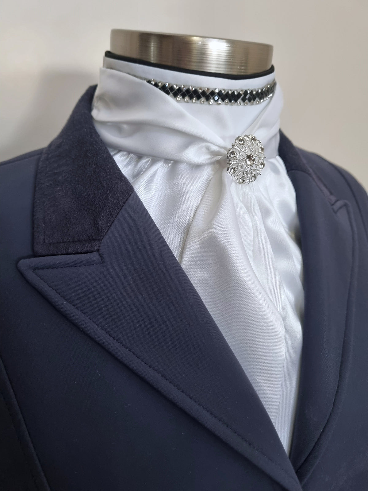 ERA Elle Stock Tie - Soft Ties with black & clear crystal trim, piping and Brooch