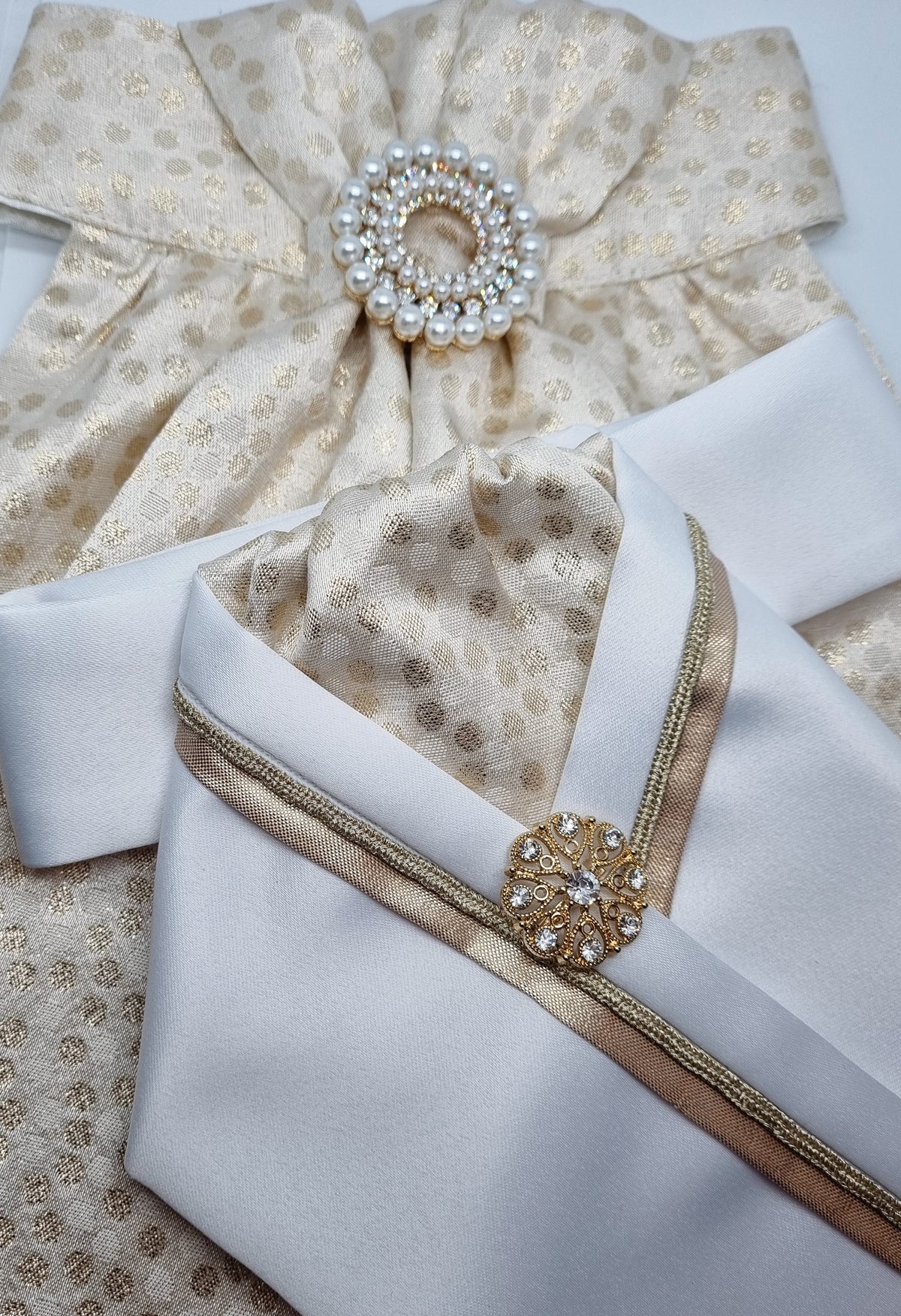 ERA RACHAEL STOCK TIE - White satin with gold metallic spot brocade, trim, piping and brooch
