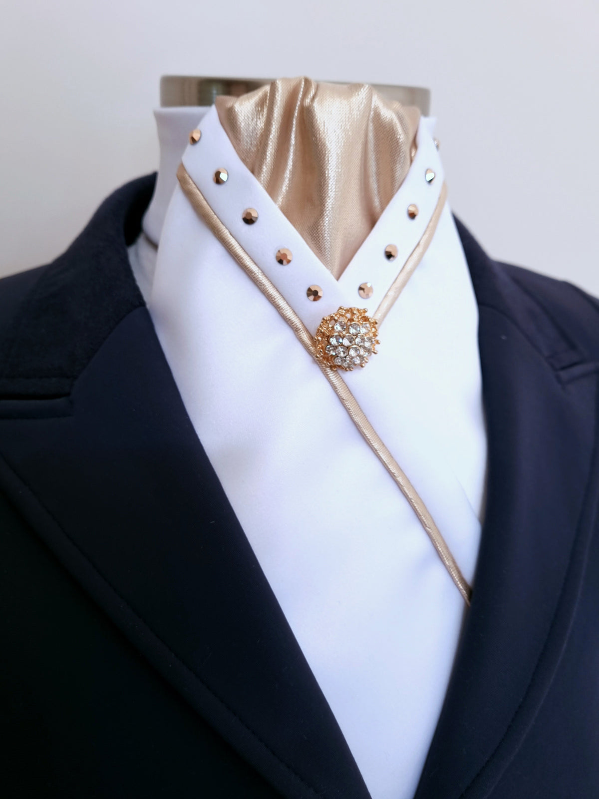 ERA SOPHIE STOCK TIE - White & metallic gold with matching piping, gold crystals & brooch