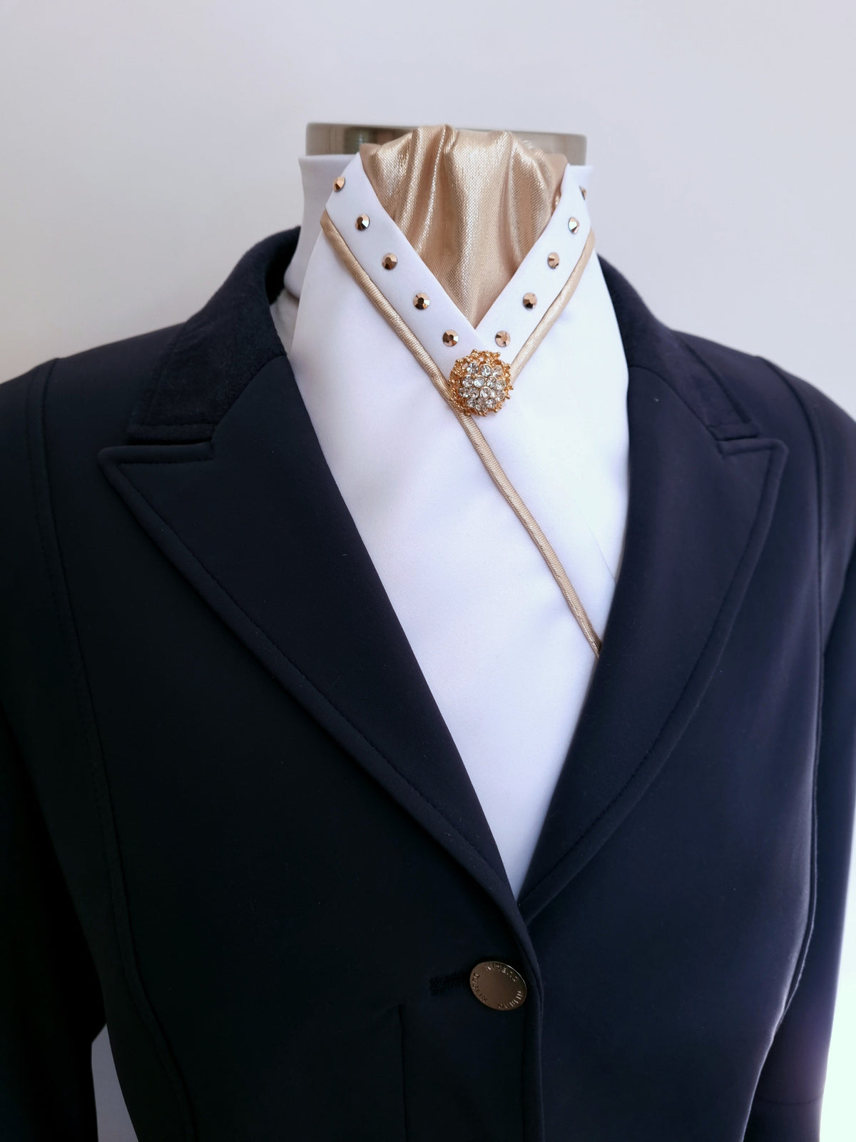 ERA SOPHIE STOCK TIE - White & metallic gold with matching piping, gold crystals & brooch