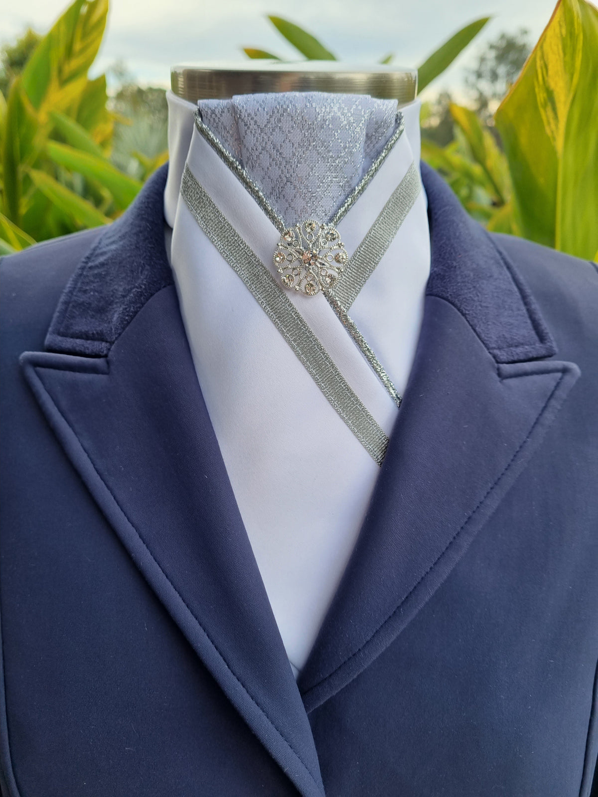 ERA ALEX STOCK TIE - White satin, silver pleated brocade, silver piping, silver trim and brooch