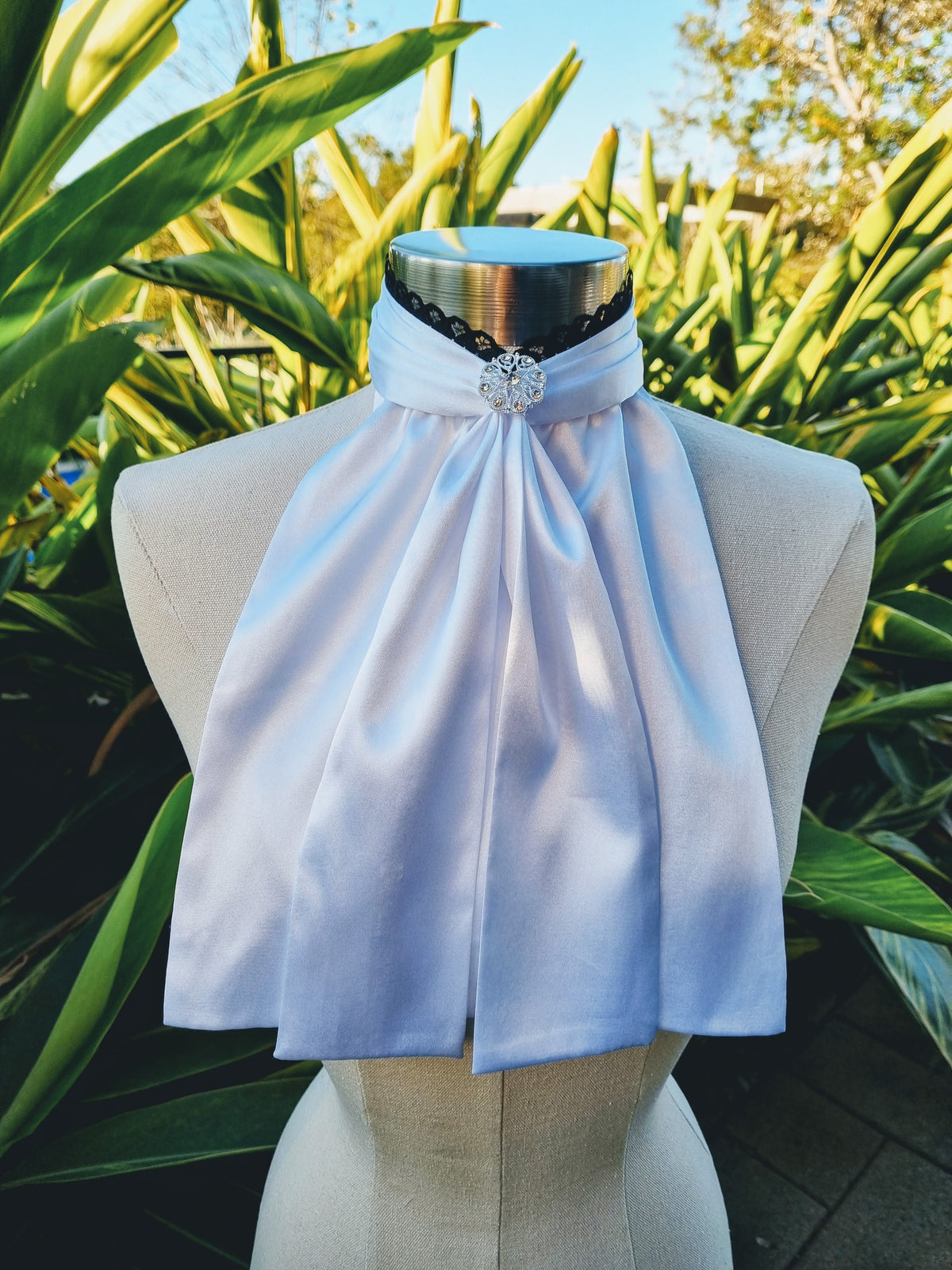 EURO BELLE STOCK TIE - White lustre satin with black lace trim & silver brooch