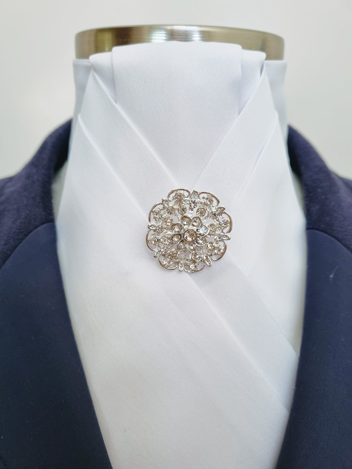ERA ALEX Stock Tie - White satin with pleated centre & crystal brooch
