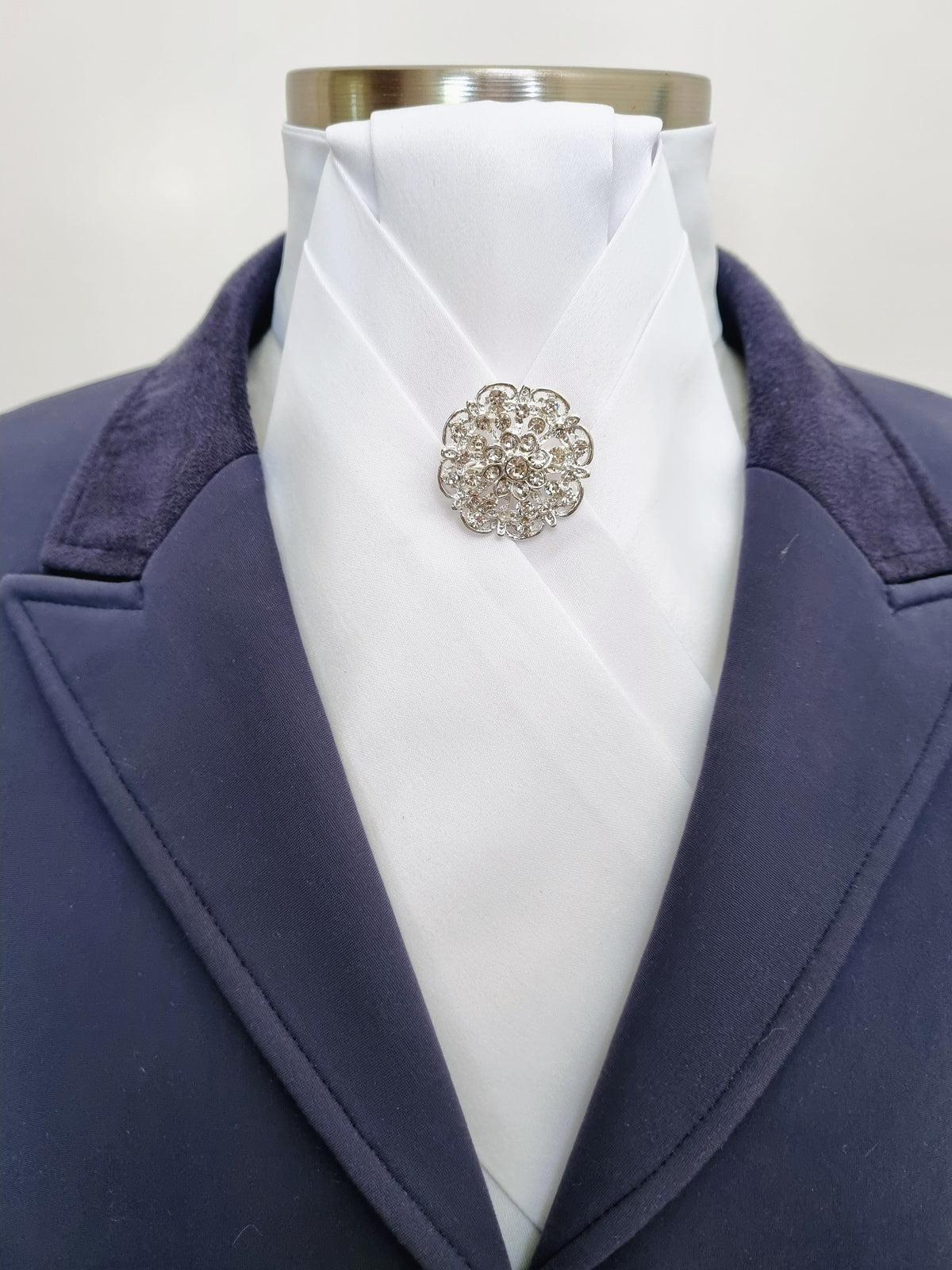 ERA ALEX Stock Tie - White satin with pleated centre & crystal brooch