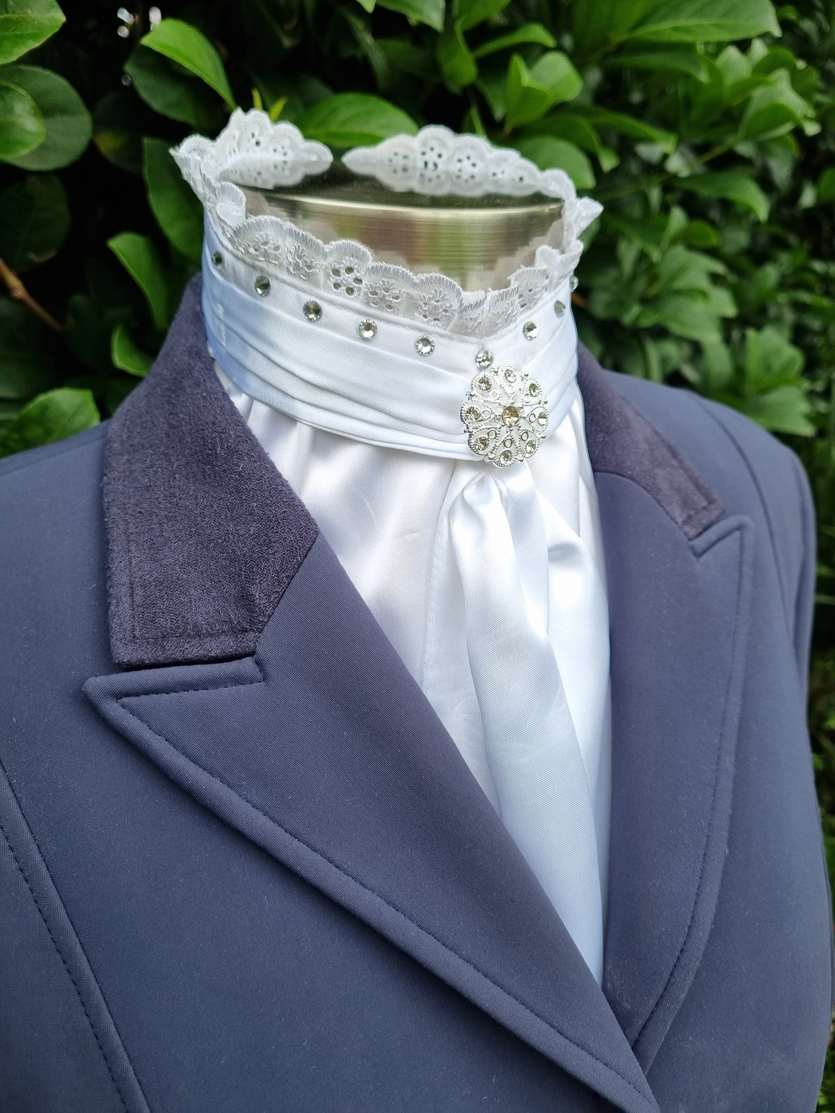ERA EURO BELLE with Crystals Stock Tie - White lustre satin with lace frill, crystals on neck and brooch