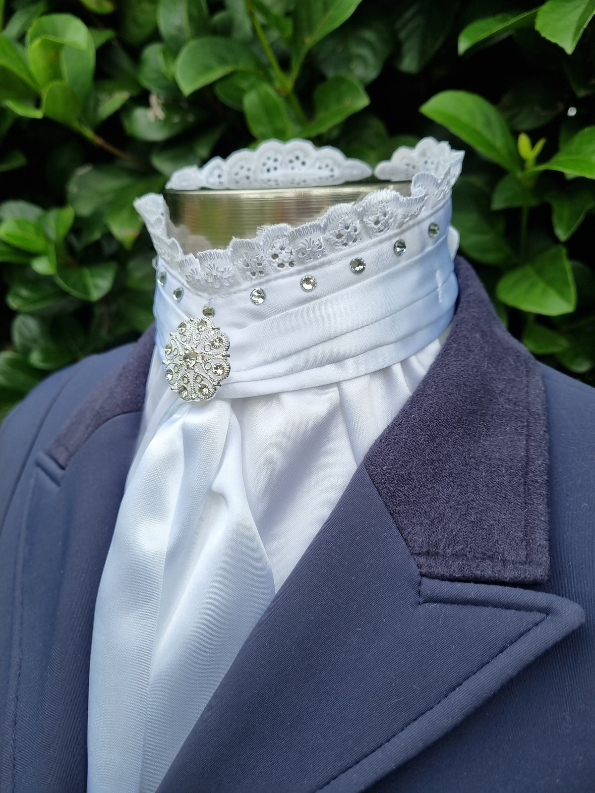 ERA EURO BELLE with Crystals Stock Tie - White lustre satin with lace frill, crystals on neck and brooch