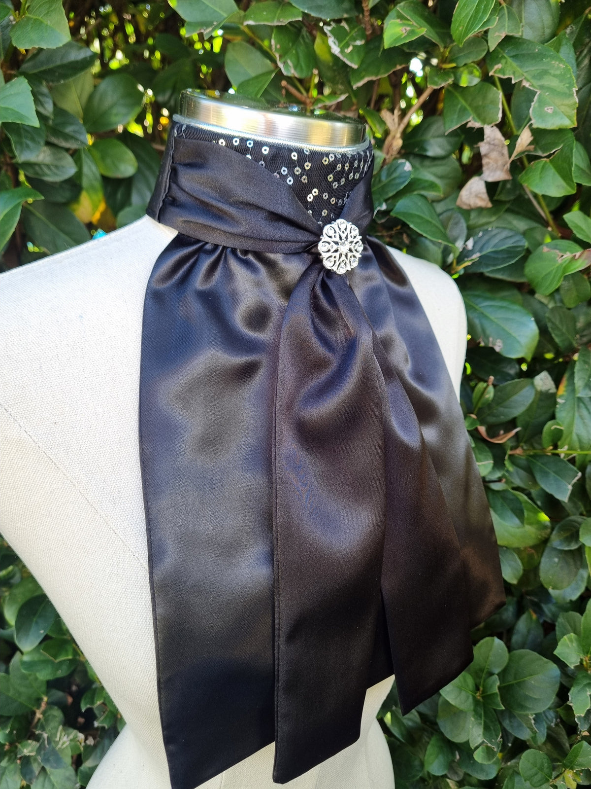 ERA Elle Stock Tie - Black Satin with Soft Ties and Black Sequined insert and Brooch