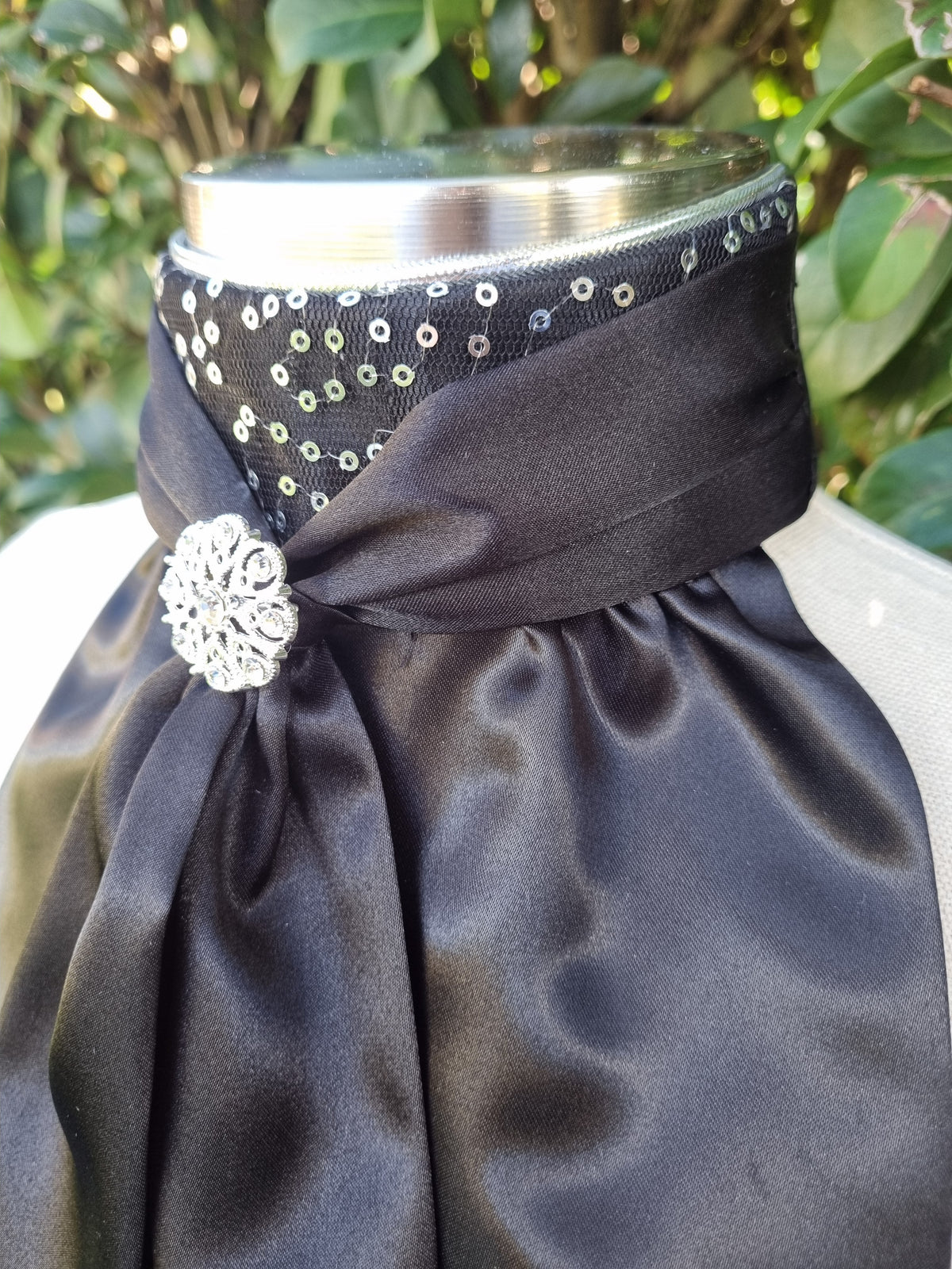 ERA Elle Stock Tie - Black Satin with Soft Ties and Black Sequined insert and Brooch