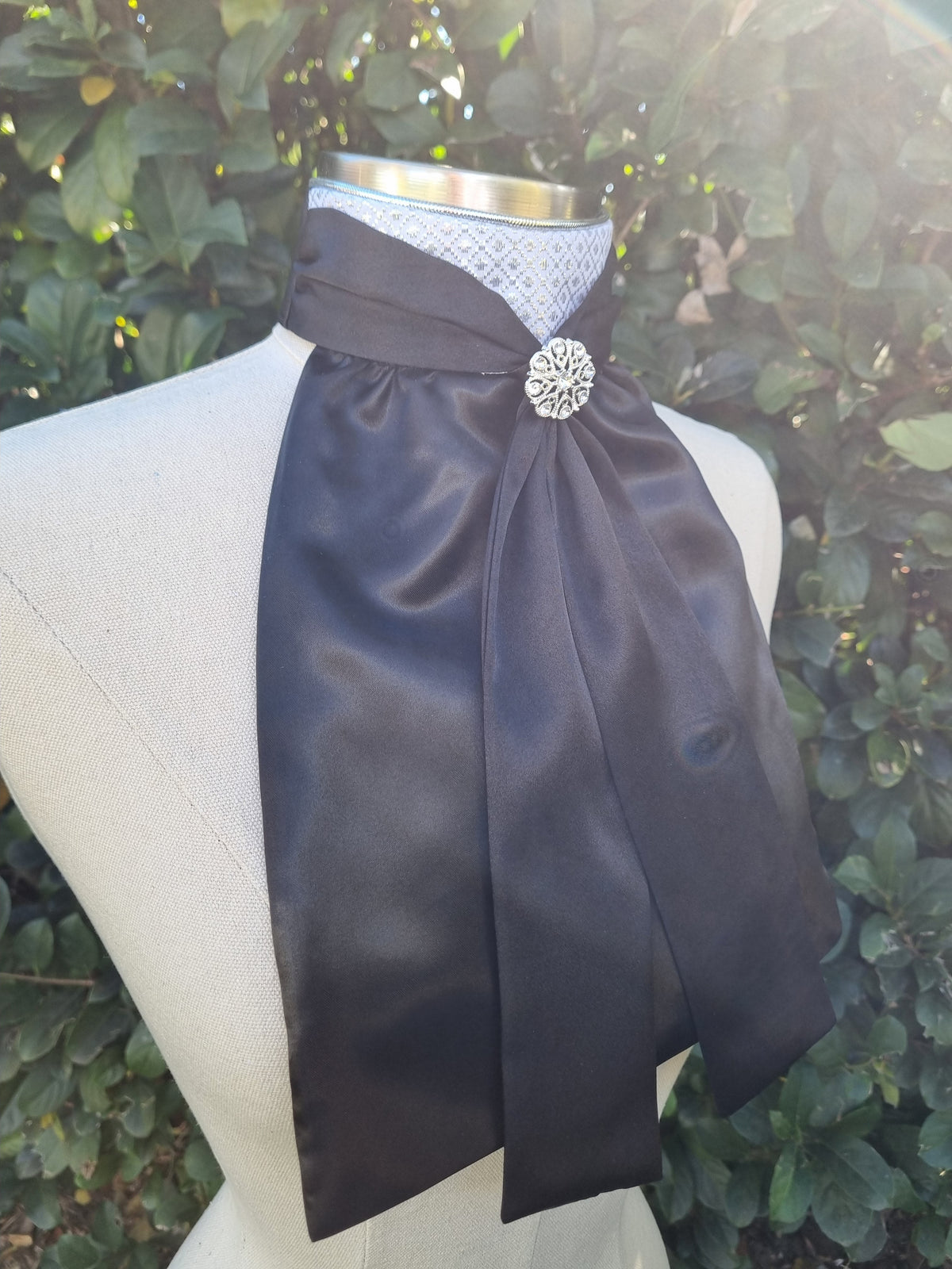 ERA Elle Stock Tie - Black Satin with Soft Ties and Diamond Brocade insert & brooch