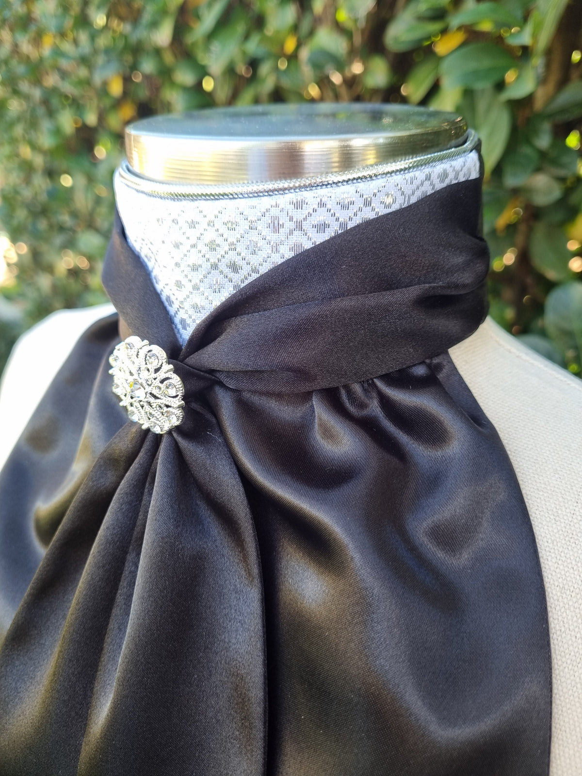 ERA Elle Stock Tie - Black Satin with Soft Ties and Diamond Brocade insert & brooch