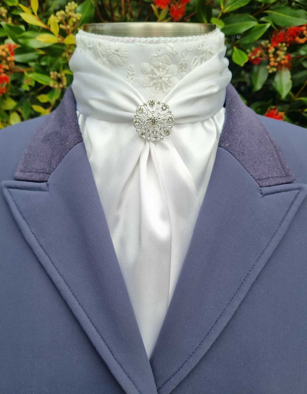 ERA ELLE Pre-tied Stock Tie - White satin Soft Ties with Embroidered Centre and silver brooch