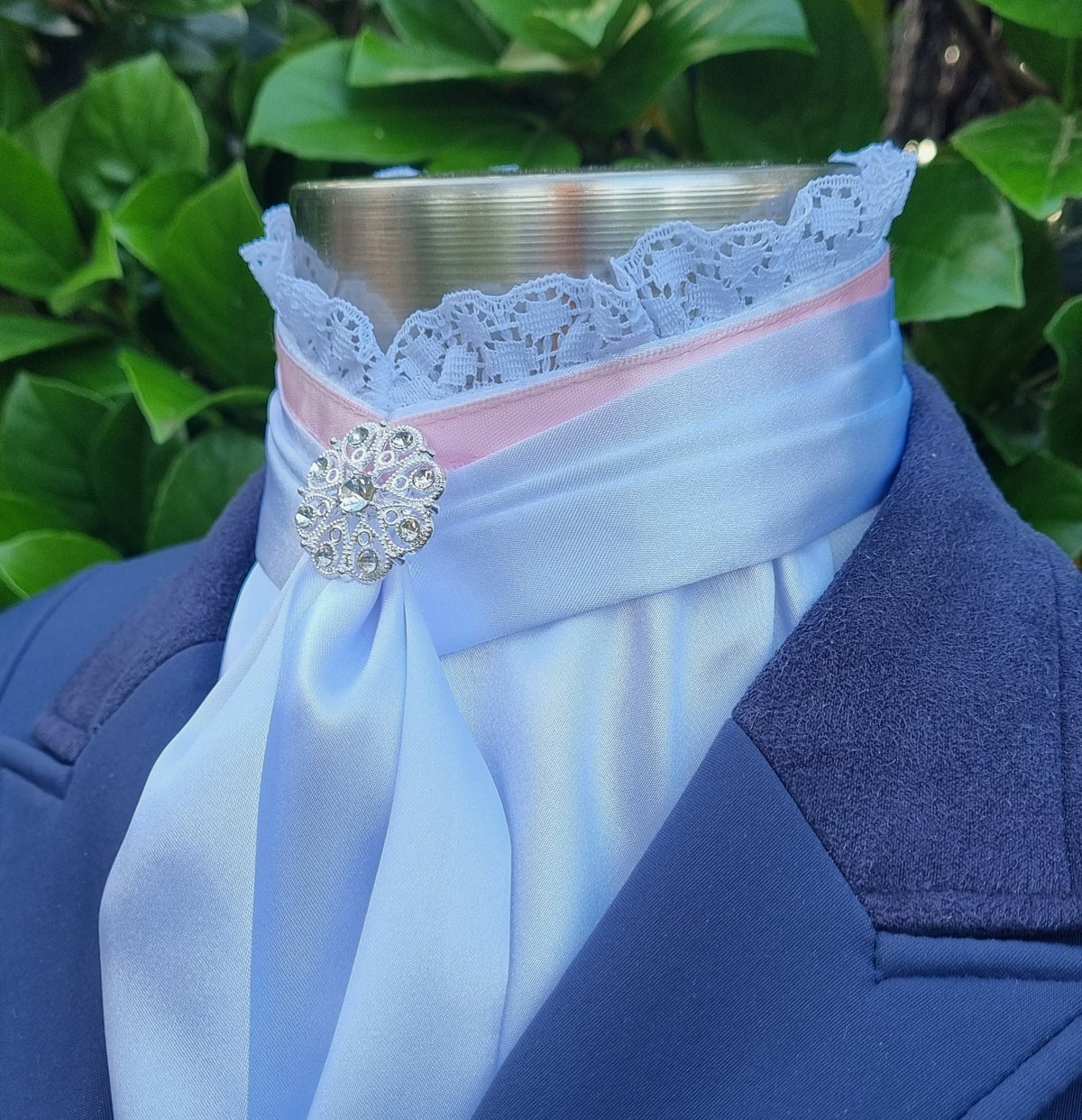 EURO BELLE STOCK TIE - White lustre satin with pink ribbon & lace trim, silver brooch