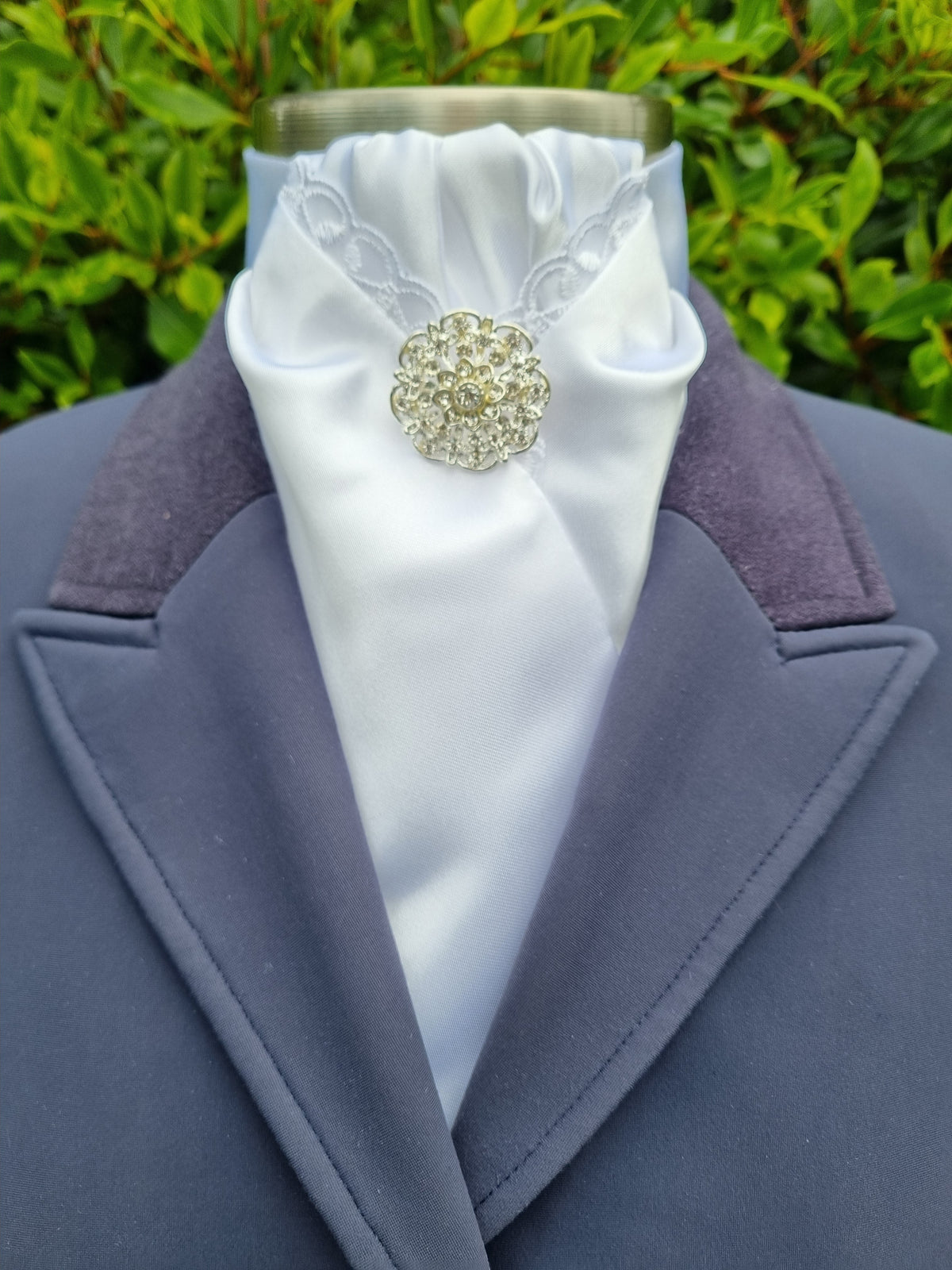 ERA DEB STOCK TIE - White satin with lace trim, rose gold & clear crystals & brooch