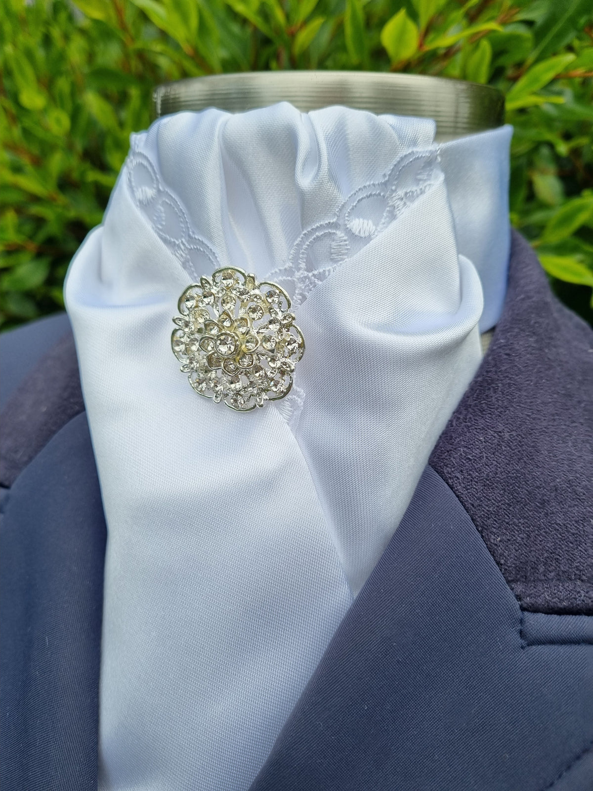 ERA DEB STOCK TIE - White satin with lace trim, rose gold & clear crystals & brooch