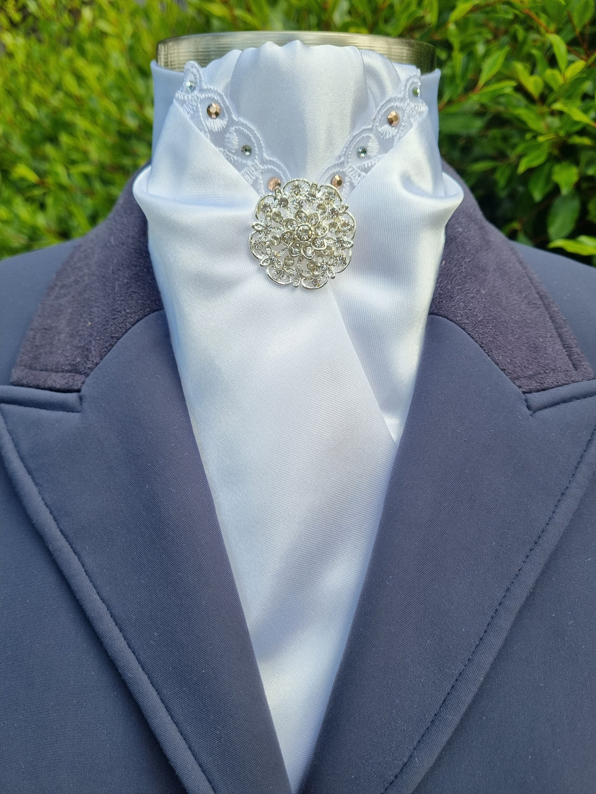 ERA DEB STOCK TIE - White satin with lace trim, rose gold & clear crystals & brooch