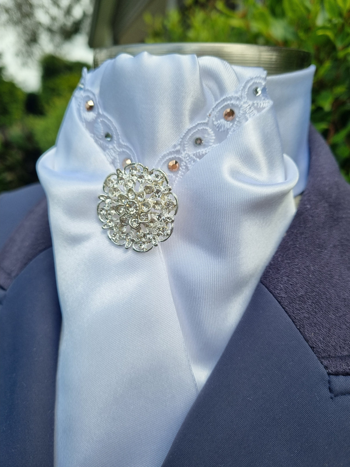 ERA DEB STOCK TIE - White satin with lace trim, rose gold & clear crystals & brooch