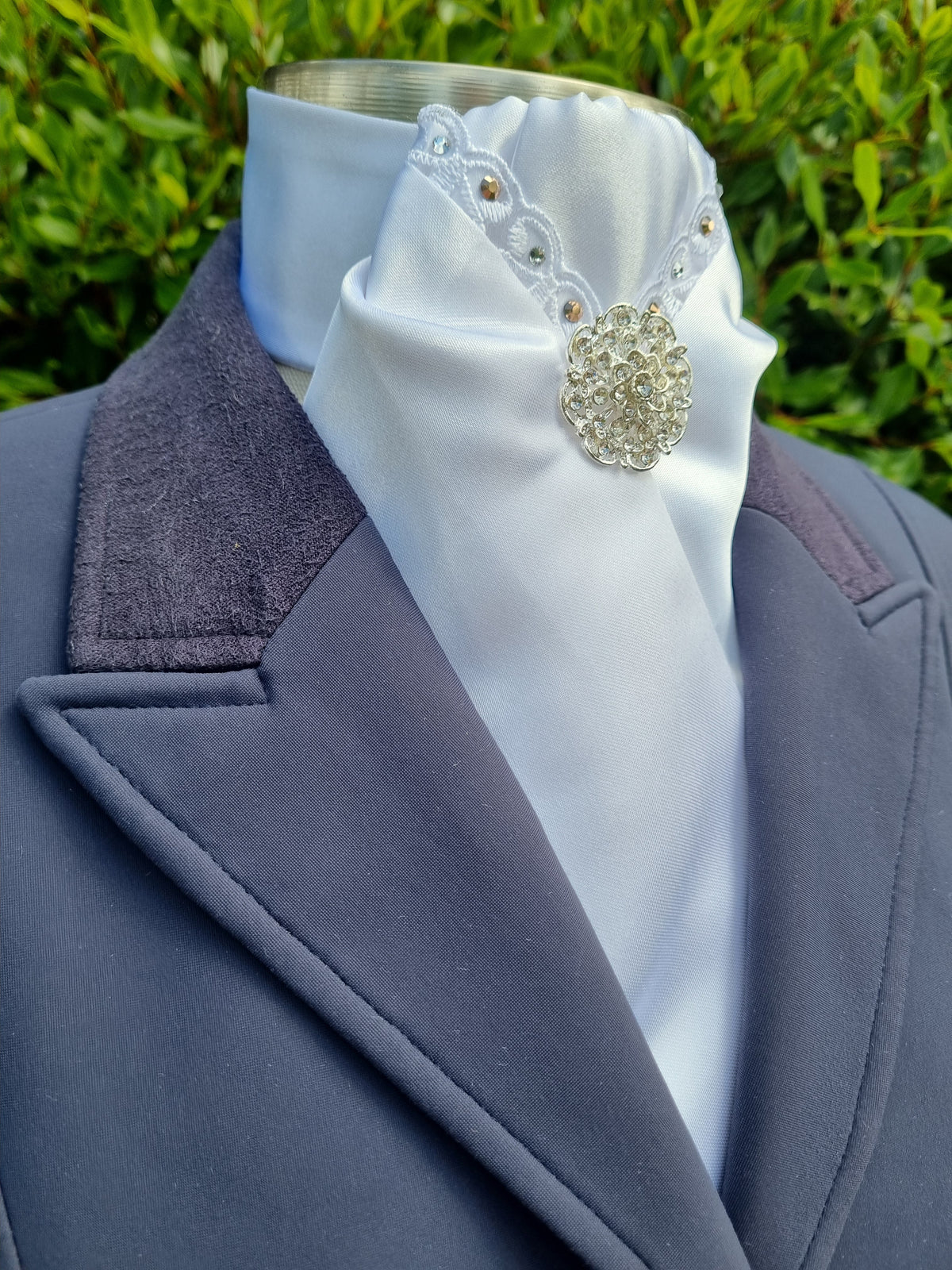 ERA DEB STOCK TIE - White satin with lace trim, rose gold & clear crystals & brooch