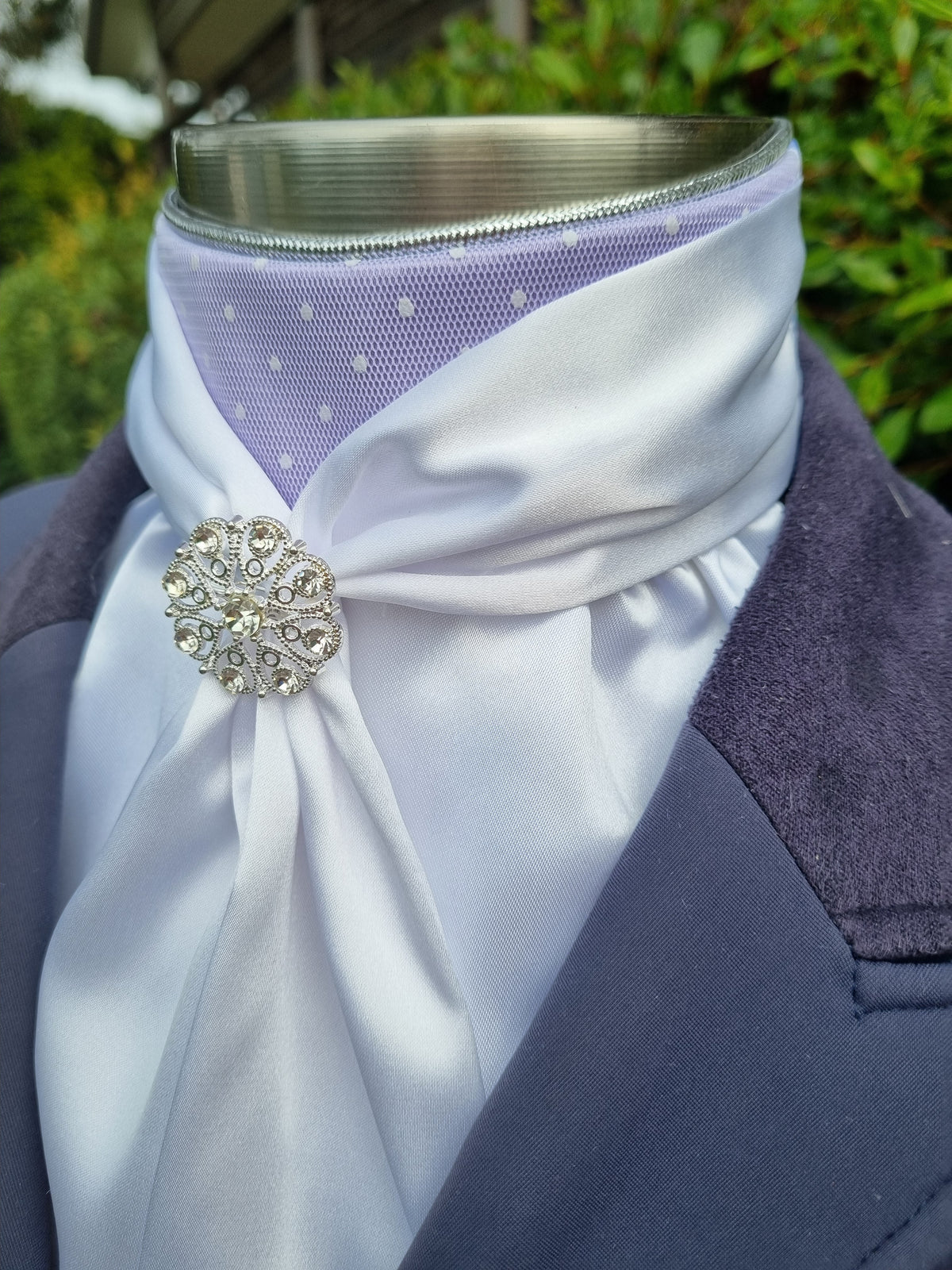 ERA Elle Stock Tie Plastron - White Satin with Dainty White Spot on Pale Lilac and Brooch