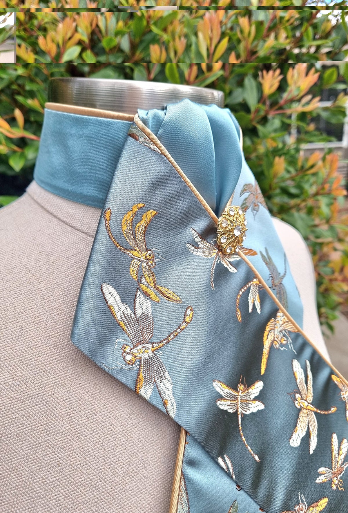 ERA Designer Collection - Pre-tied Stock Tie Plastron - Mint Oriental Brocade - Dragonflies