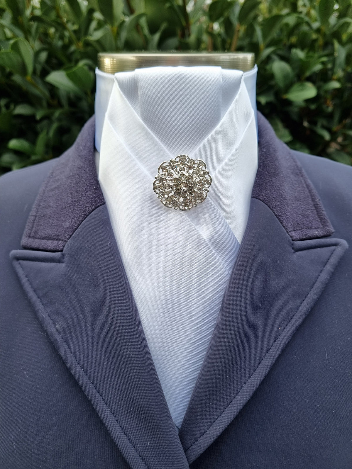 ERA ALEX Stock Tie - White satin with pleated centre & crystal brooch