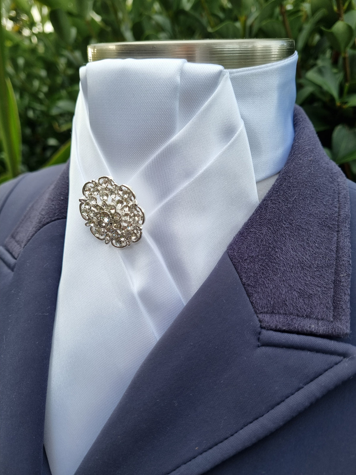 ERA ALEX Stock Tie - White satin with pleated centre & crystal brooch
