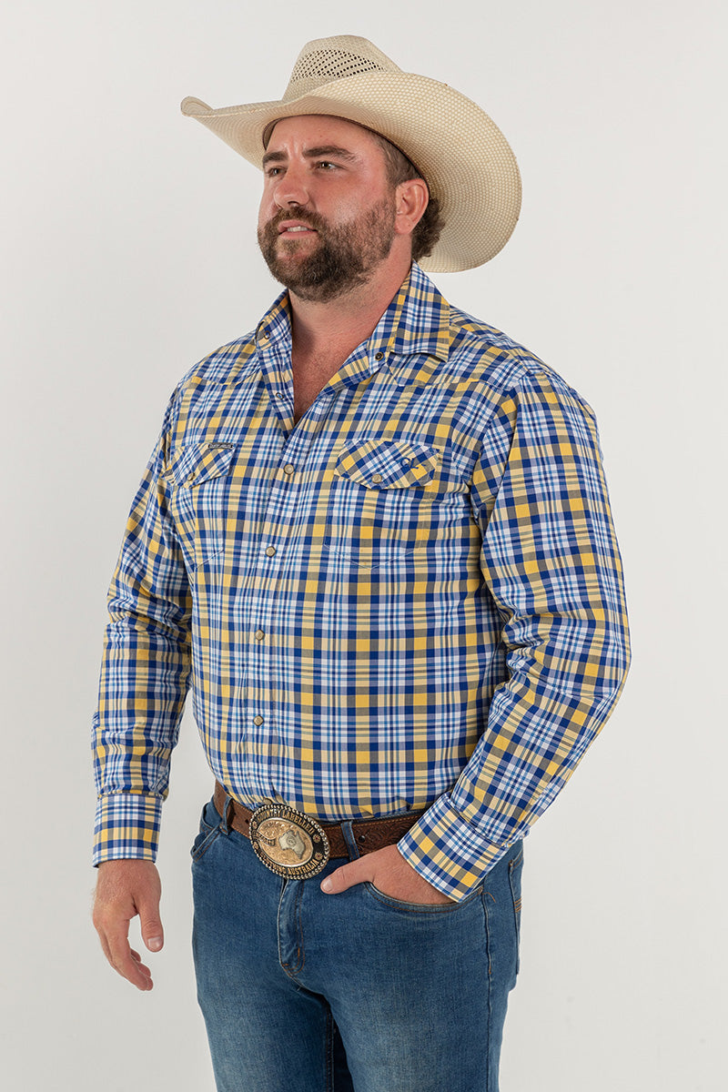 CL Cowboy Pearl Snap Button Up - Blue & Gold Check