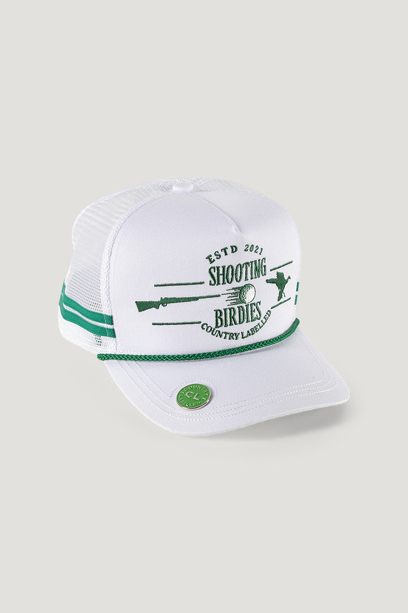 Country Labelled Golf Cap With Magnetic Ball Marker - Shooting Birdies - White & Green