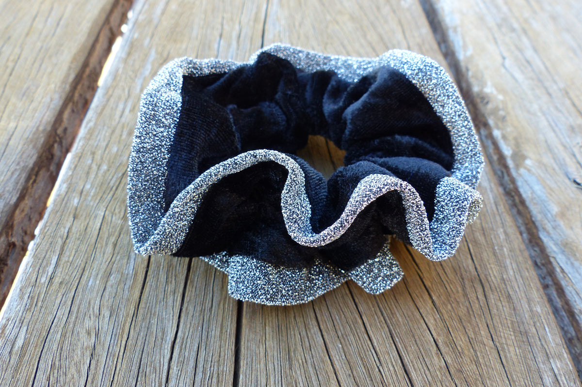Deluxe Hair Scrunchie - Black double layer with silver sparkle trim on edge – Free Postage in Australia