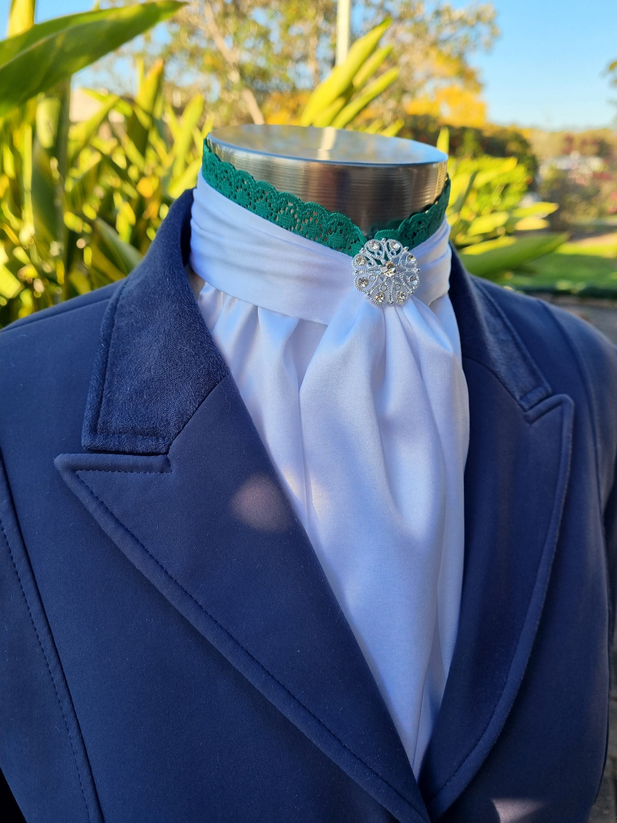 EURO BELLE STOCK TIE - White lustre satin with green lace trim & brooch