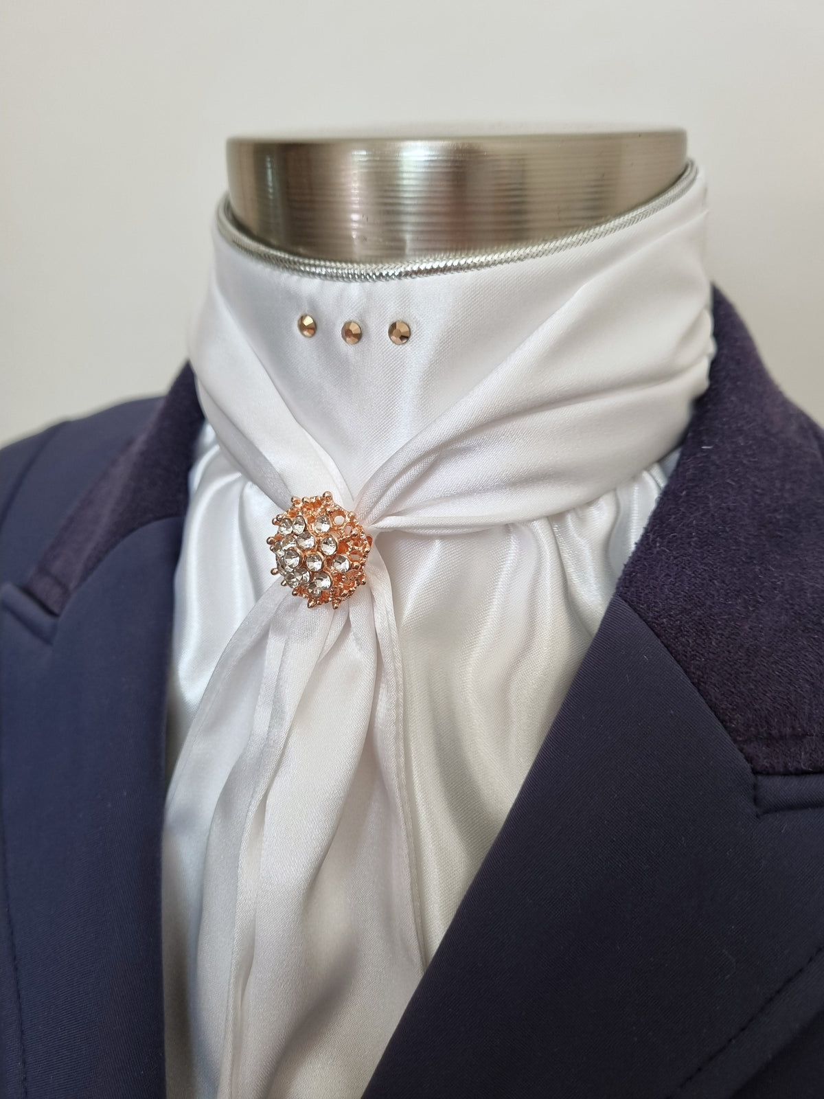 ERA ELLE STOCK TIE - White satin Soft Ties with silver metallic piping, rose gold crystals and rose gold crystal brooch