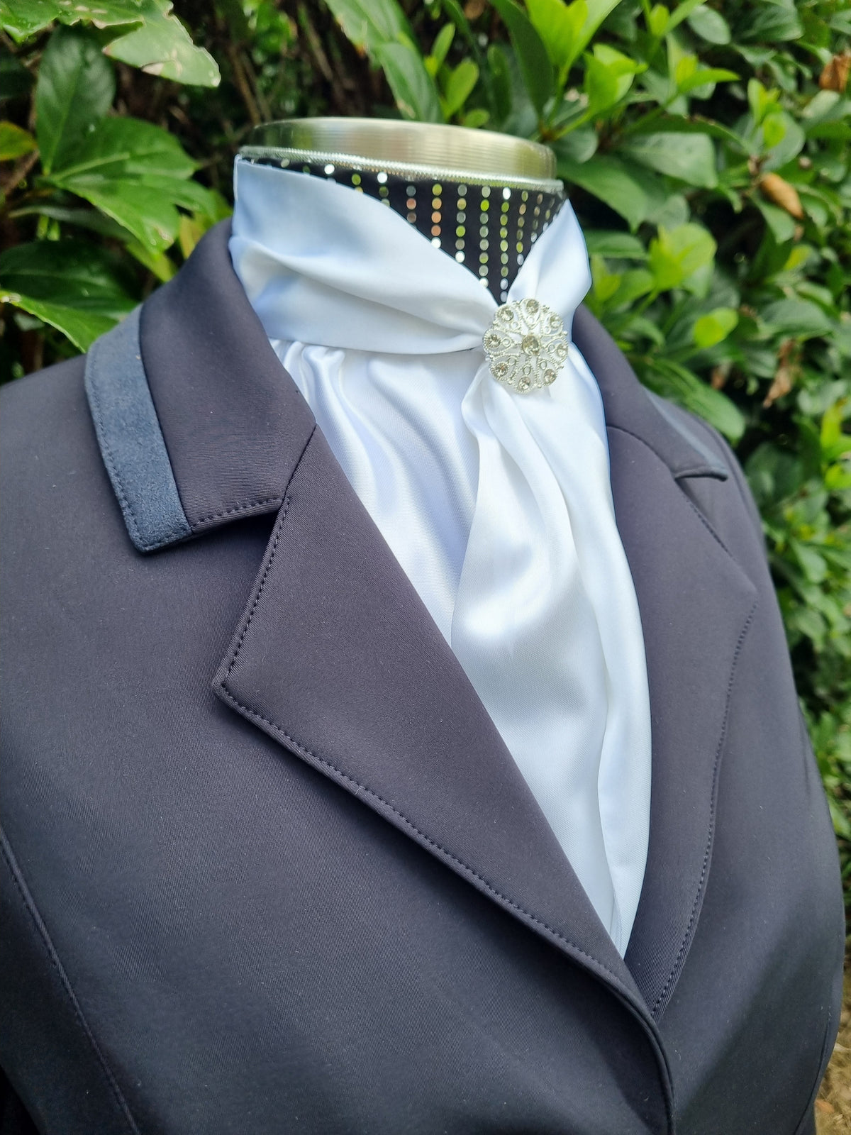 ERA ELLE Pre-tied Stock Tie - White satin with black silver spots, silver metallic piping, gold spot Centre and silver brooch