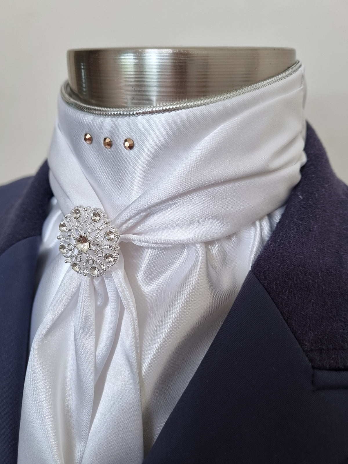 ERA ELLE STOCK TIE - White satin Soft Ties with silver metallic piping, rose gold crystals and rose gold crystal brooch
