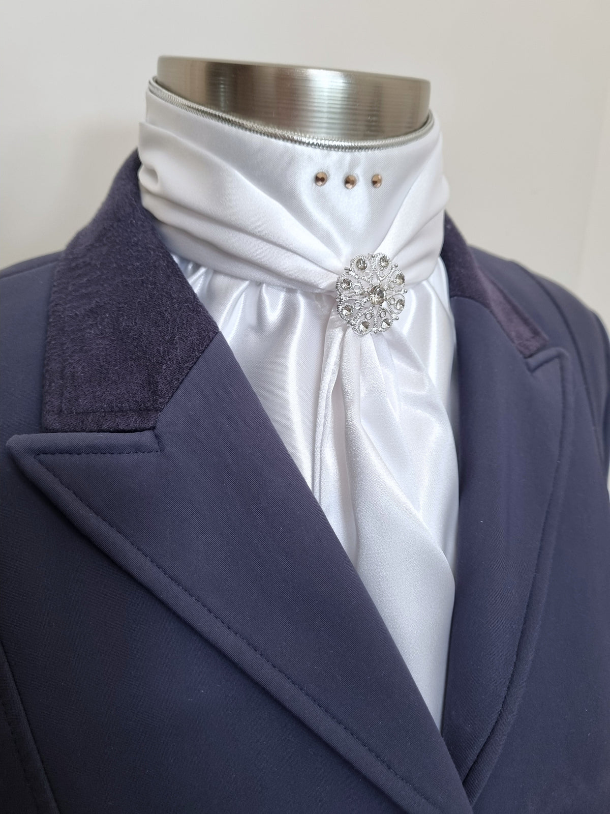 ERA ELLE STOCK TIE - White satin Soft Ties with silver metallic piping, rose gold crystals and rose gold crystal brooch