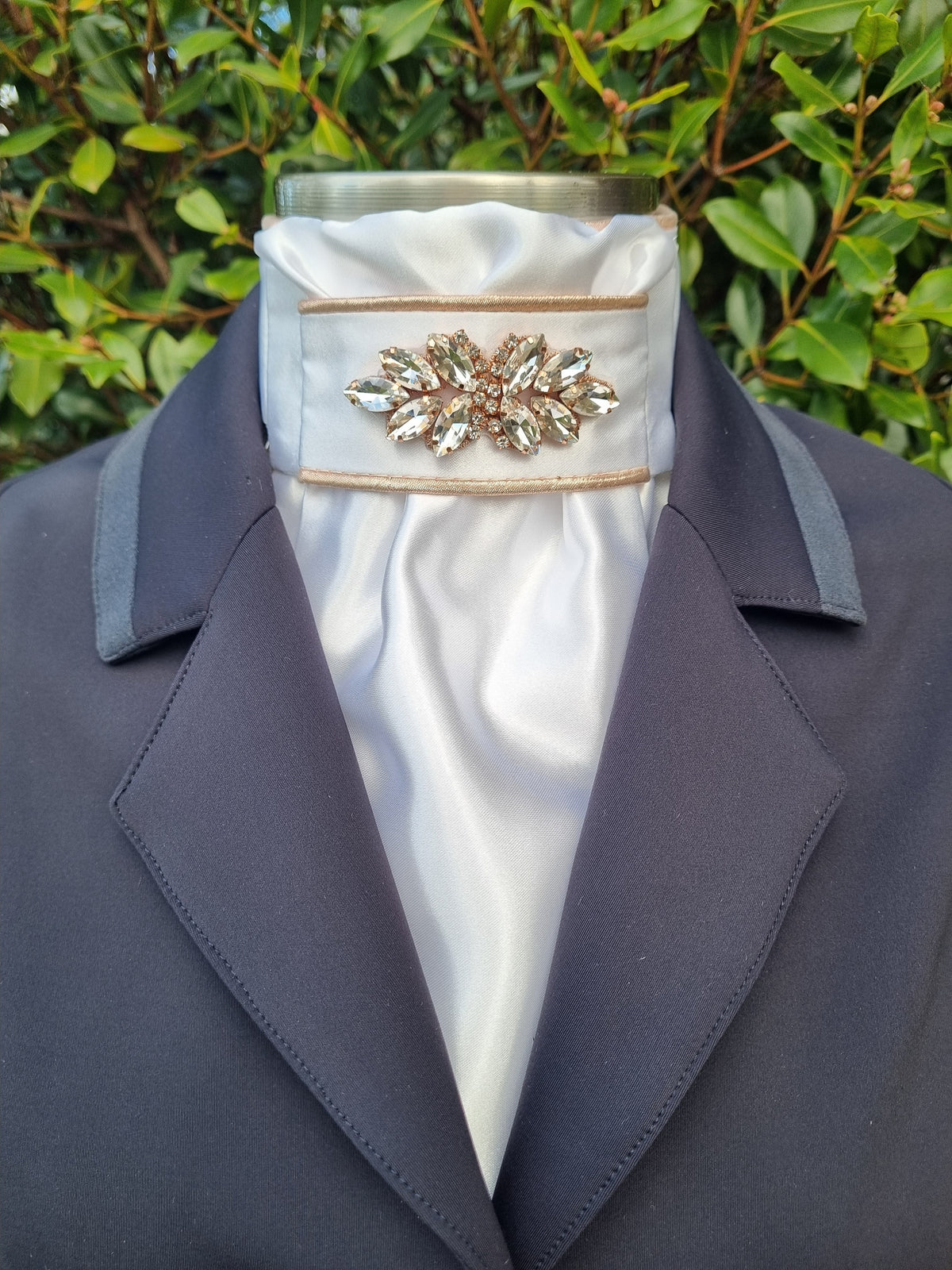 ERA Euro Lyndal Stock Tie - White satin with Plume Embellishment - Silver or rose gold
