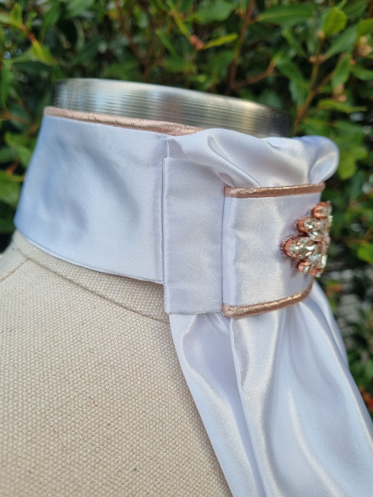 ERA Euro Lyndal Stock Tie - White satin with Plume Embellishment - Silver or rose gold