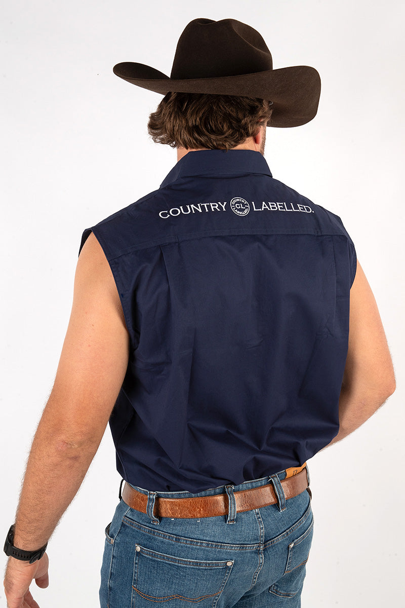 Full Button Sleeveless Work Shirt - Navy