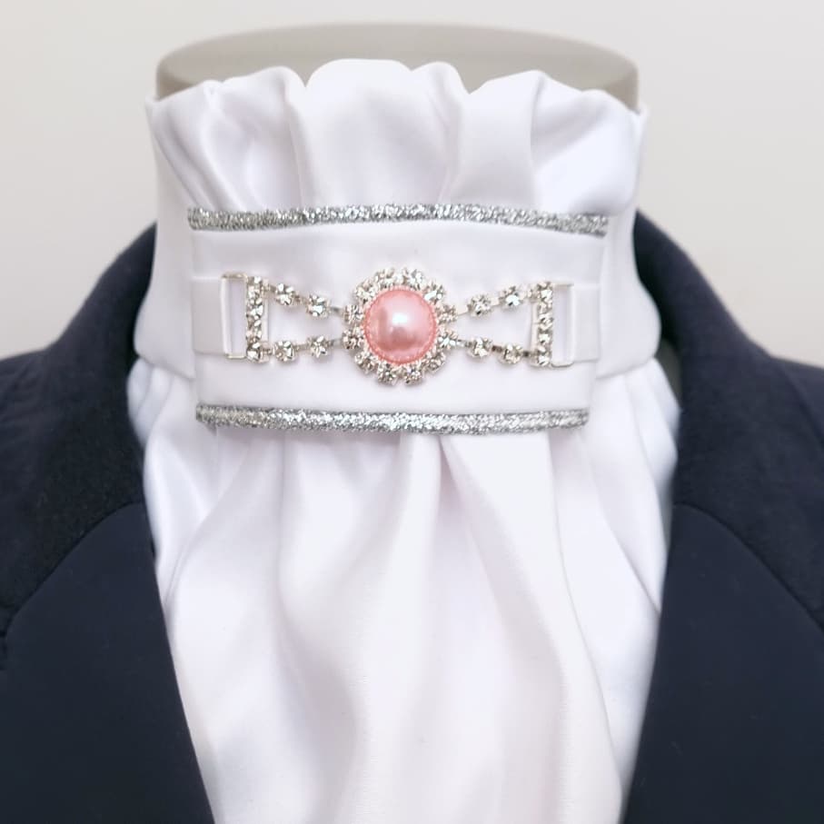 ERA EURO REGAL ISABEL STOCK TIE - White satin, silver piping, pink pearl embellishment
