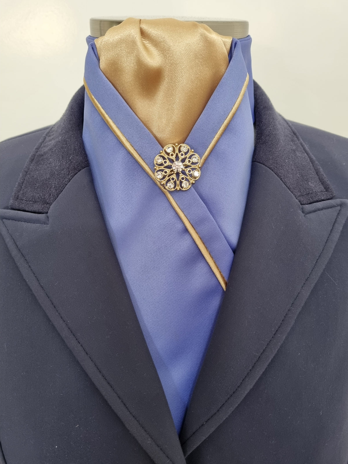 ERA KATE STOCK TIE - CLEARANCE- Cornflower blue satin with gold piping & brooch