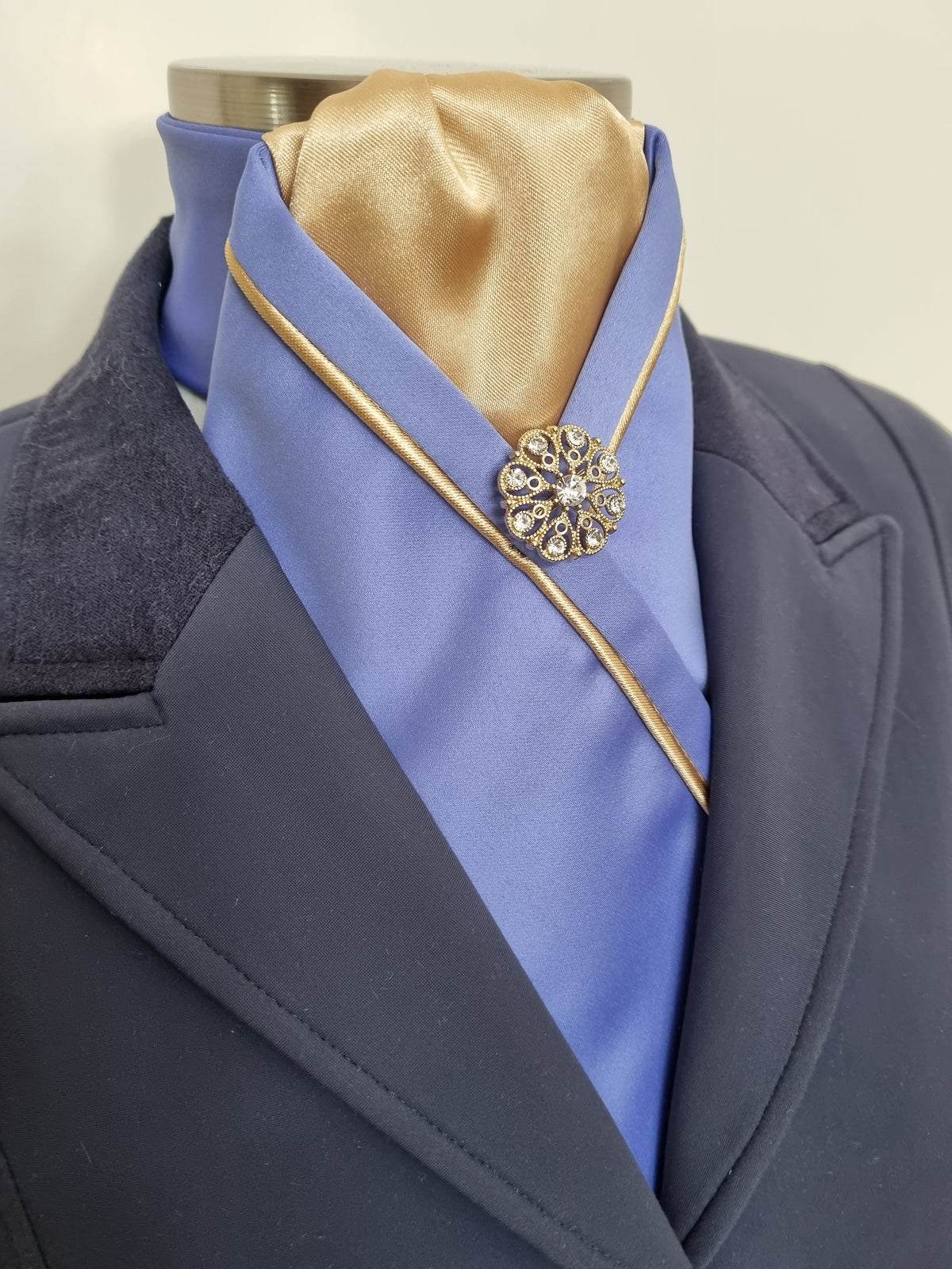 ERA KATE STOCK TIE - CLEARANCE- Cornflower blue satin with gold piping & brooch