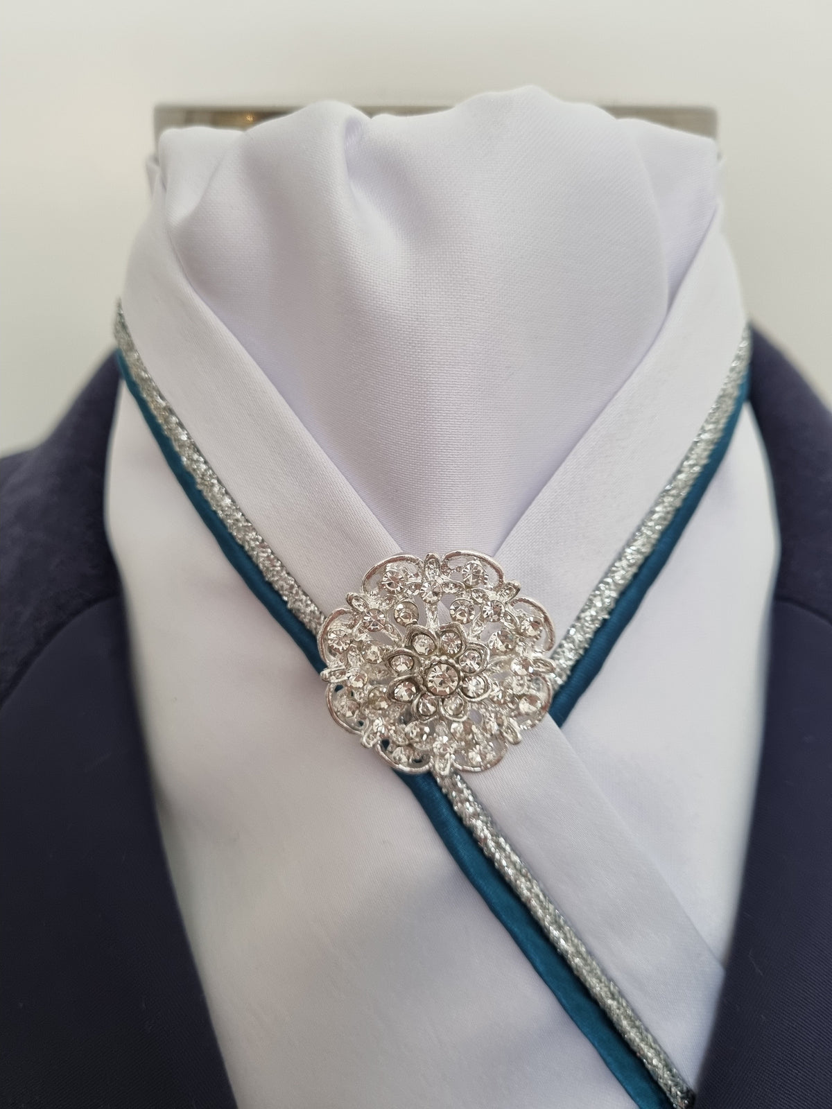 ERA RACHAEL STOCK TIE - White satin with teal and silver piping & brooch
