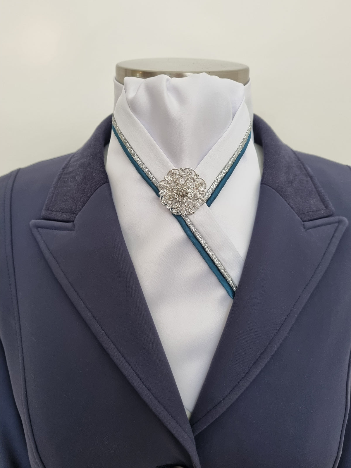 ERA RACHAEL STOCK TIE - White satin with teal and silver piping & brooch