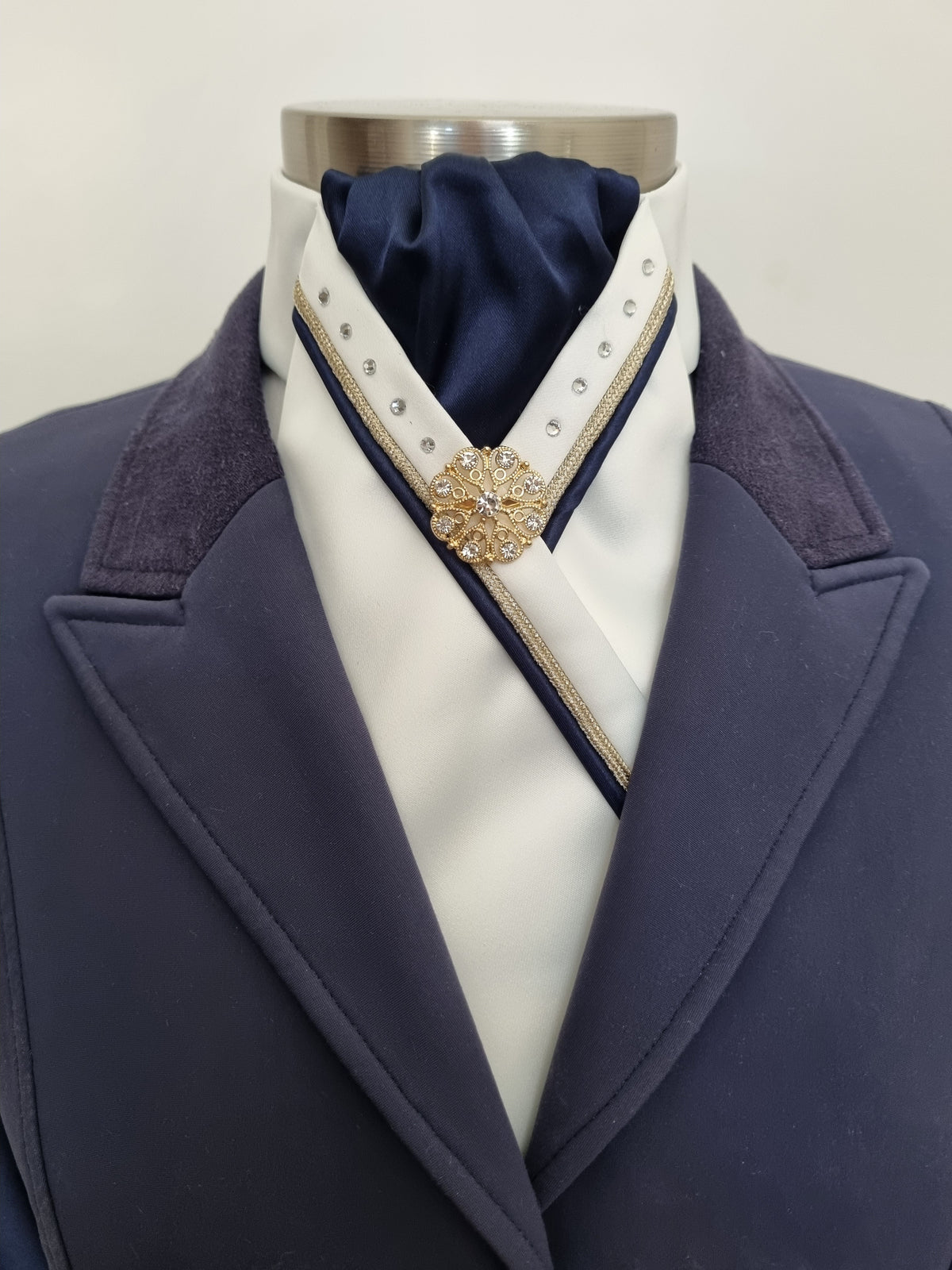 ERA SOPHIE STOCK TIE - Cream and navy satin with navy and gold piping, crystals & brooch