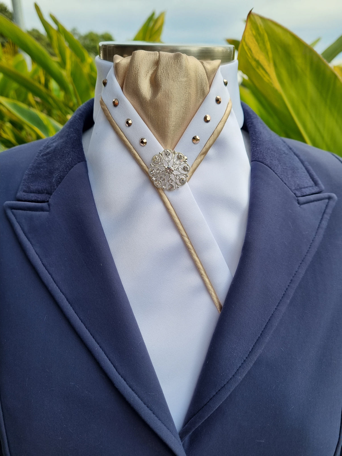 ERA SOPHIE STOCK TIE - White & metallic gold with matching piping, gold crystals & brooch