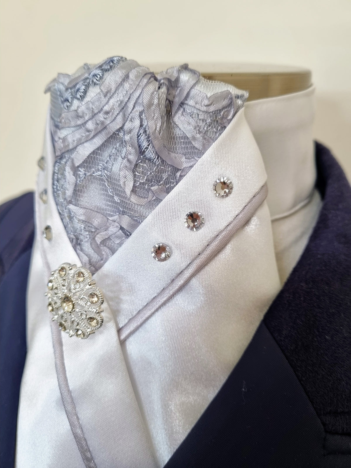 SOPHIE STOCK TIE - White Lustre Satin with silver lace brocade, silver satin piping, crystals & silver brooch
