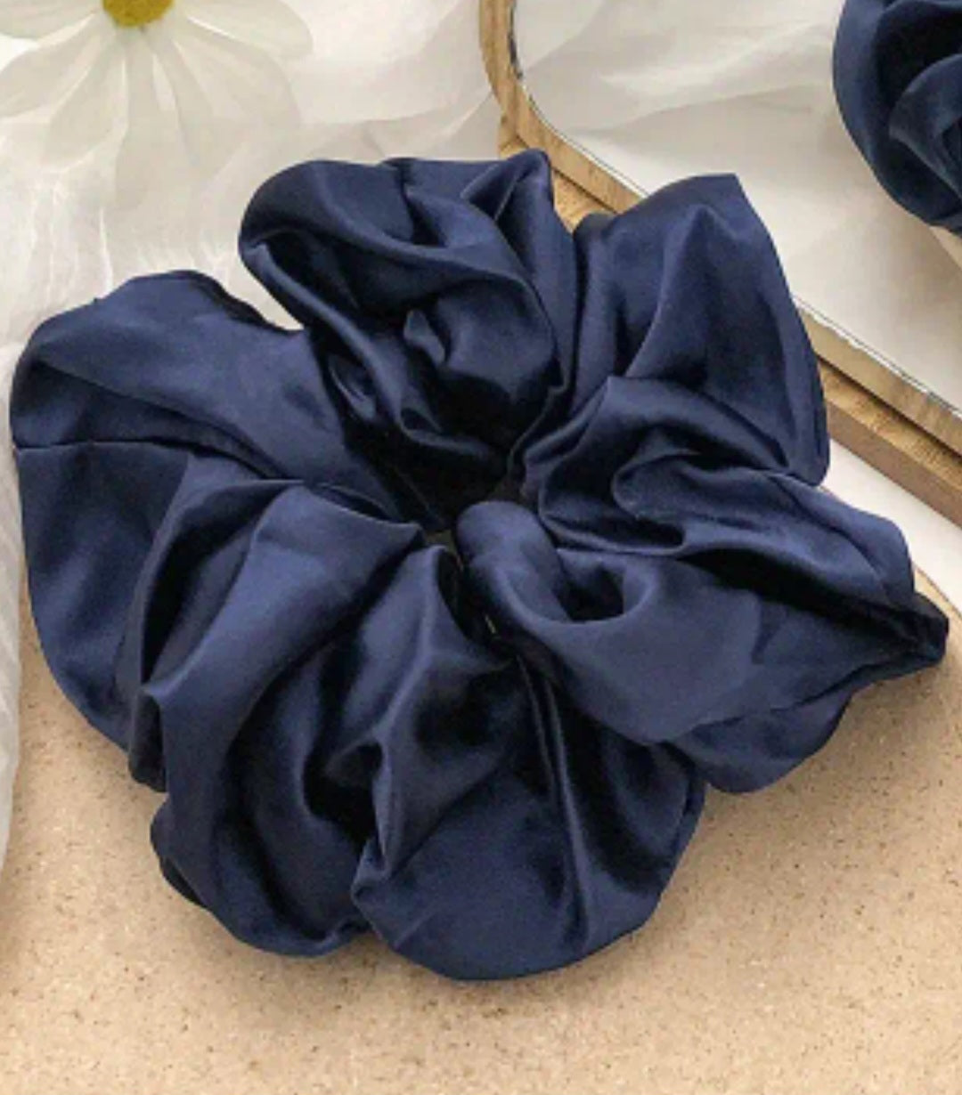 Hair Scrunchie - Large Navy Blue or White Satin scrunchie with pearls & crystals - Free postage in Australia