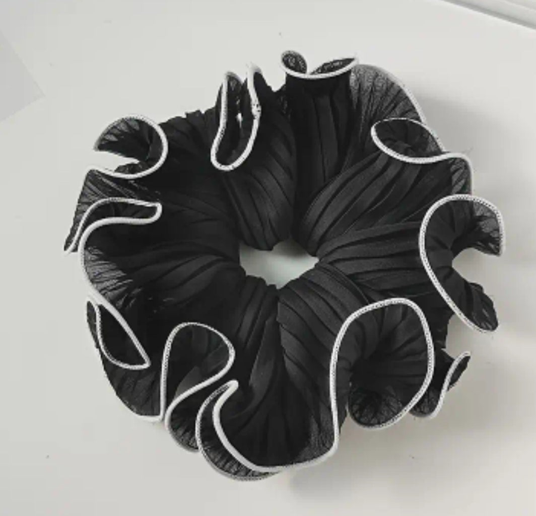 Hair Scrunchie - Black Chiffon with white edge trim - FREE postage in AU