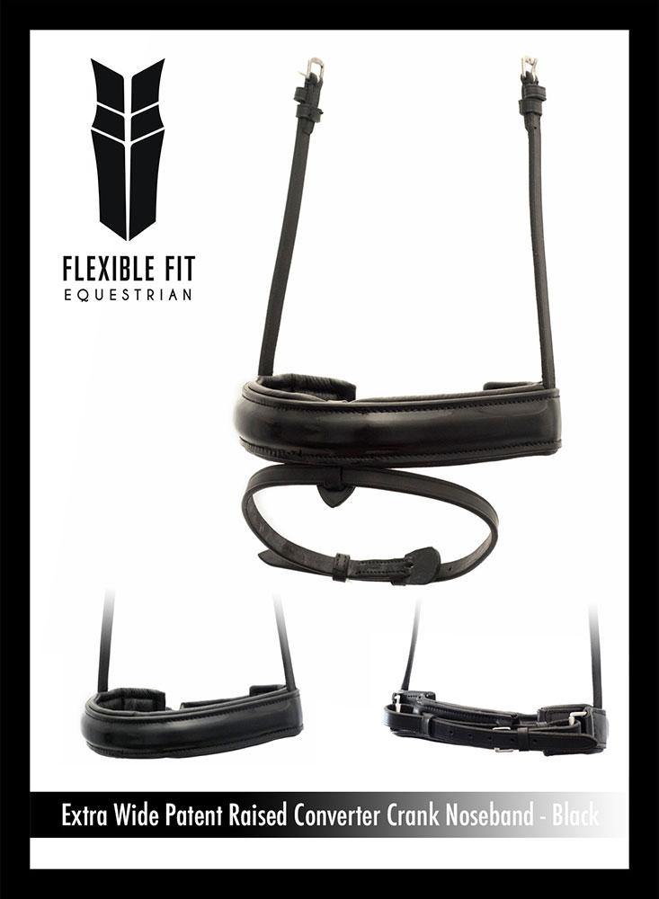 EXTRA WIDE STRAIGHT RAISED PATENT CONVERTER CRANK - BLACK SNAFFLE/DOUBLE NOSEBAND - Flexible Fit Equestrian Australia