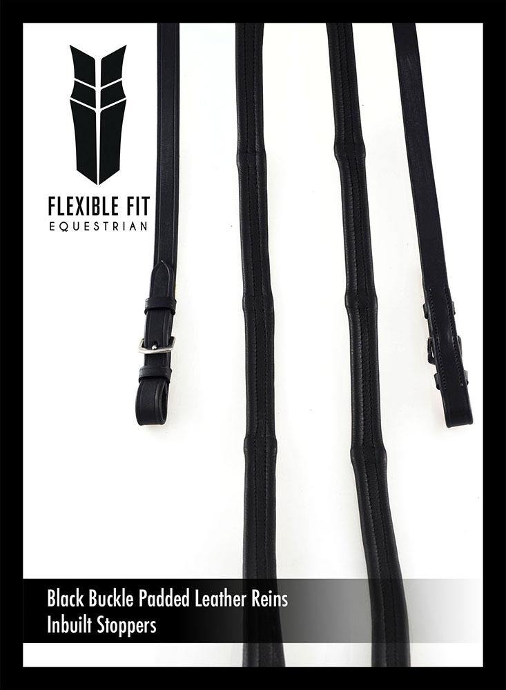 PADDED LEATHER 5/8 BUCKLE SCHOOLING BLACK REINS - Flexible Fit Equestrian Australia