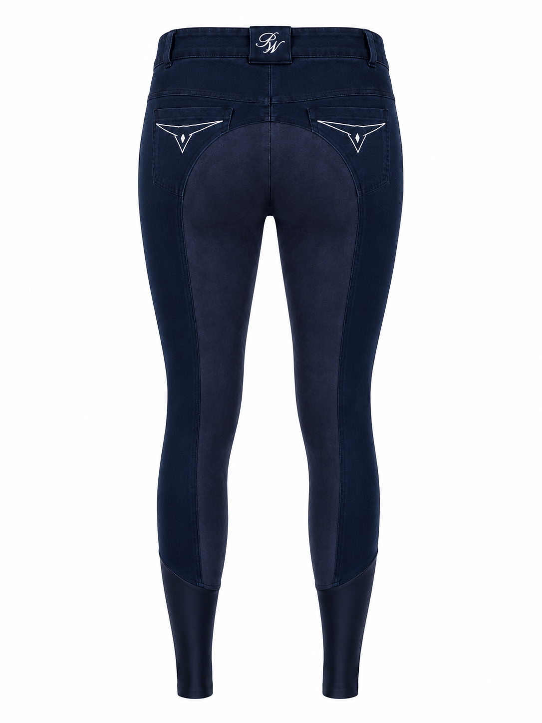 Ladies navy denim breeches with suede seat and phone pocket, designed for everyday riding