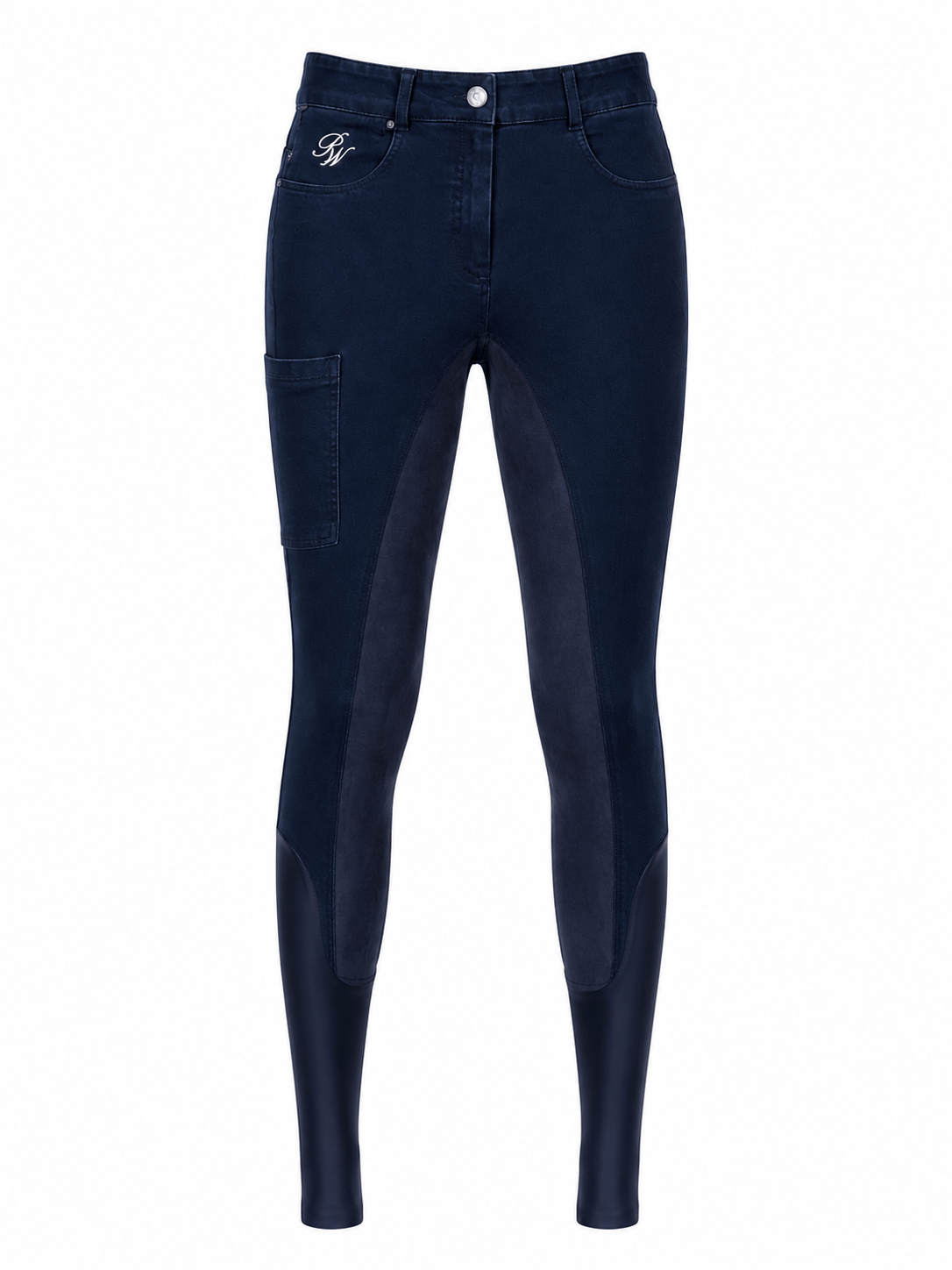 Navy denim riding breeches with full suede seat detailing, by Peter Williams Riding Apparel